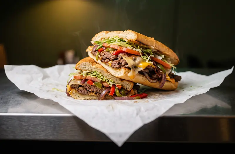 Brooklyn cheese steak hero with peppers, onions and melted cheese