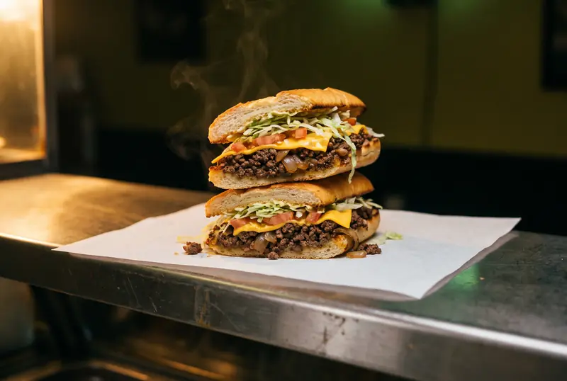 Chopped cheese hero cut in half, with melted American cheese, lettuce and tomato