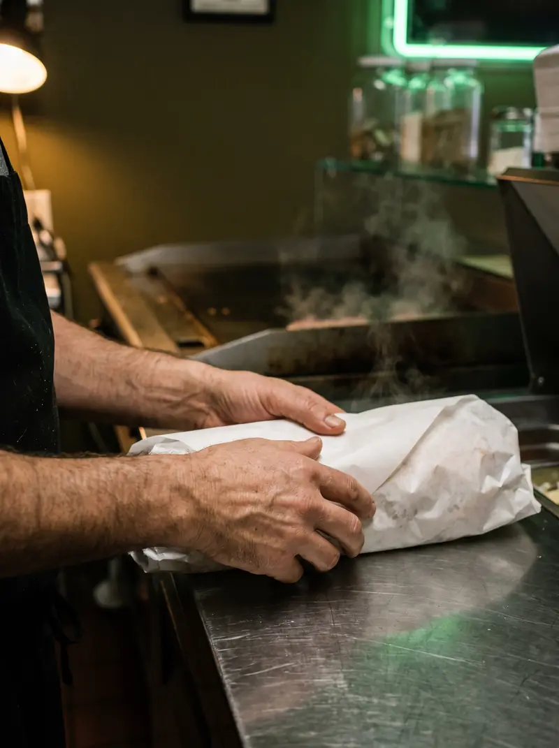 Hands wrapping a hot hero in white deli paper at the counter