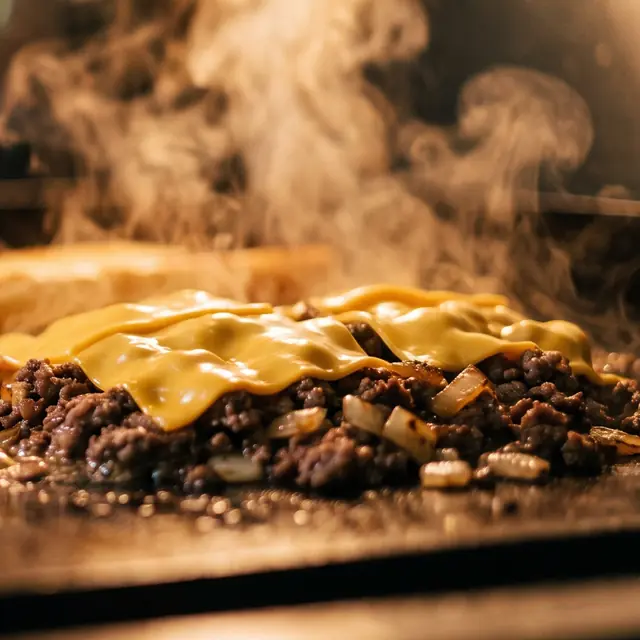 Chopped beef and melted American cheese steaming on the griddle