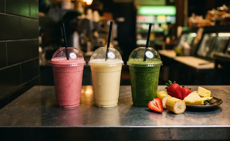 Three fruit smoothies in clear cups: strawberry banana, pineapple coconut and green